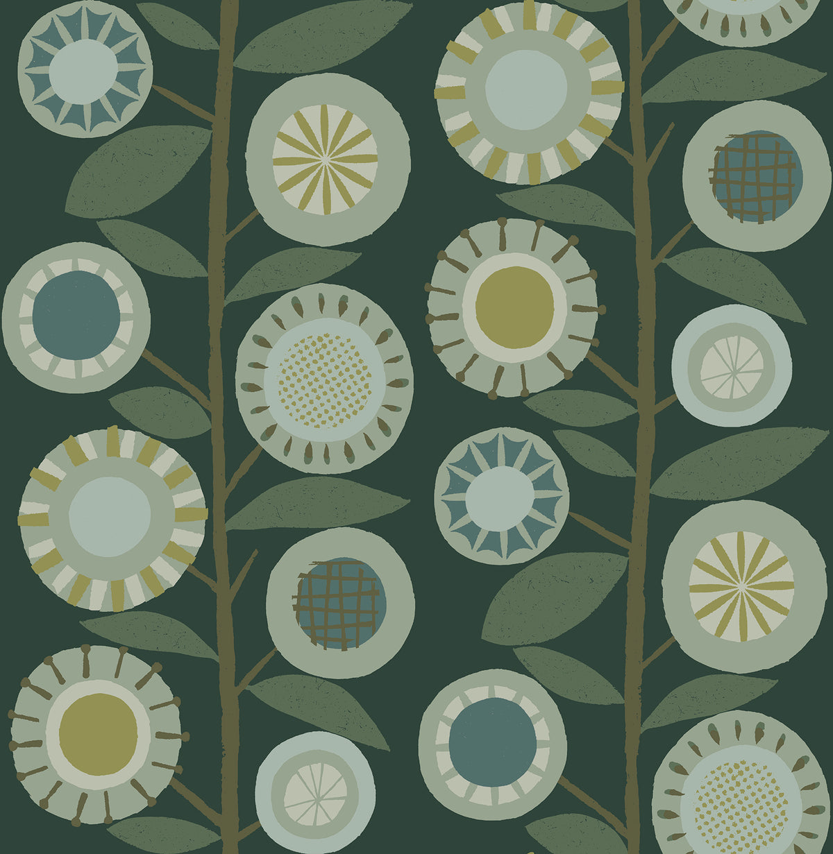 Introducing the Sisu Floral Geometric Wallpaper by York Wallcoverings, featuring a seamless pattern of stylized circular flowers with geometric centers and green leaves on dark stems, all set against a rich background in shades of green, blue, and beige.