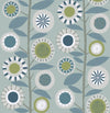 The Sisu Floral Geometric Wallpaper by York Wallcoverings features a seamless pattern of stylized flowers with circular motifs and blue-green leaves on a light blue background, with the floral centers displaying geometric designs in shades of white, blue, olive, and gray.