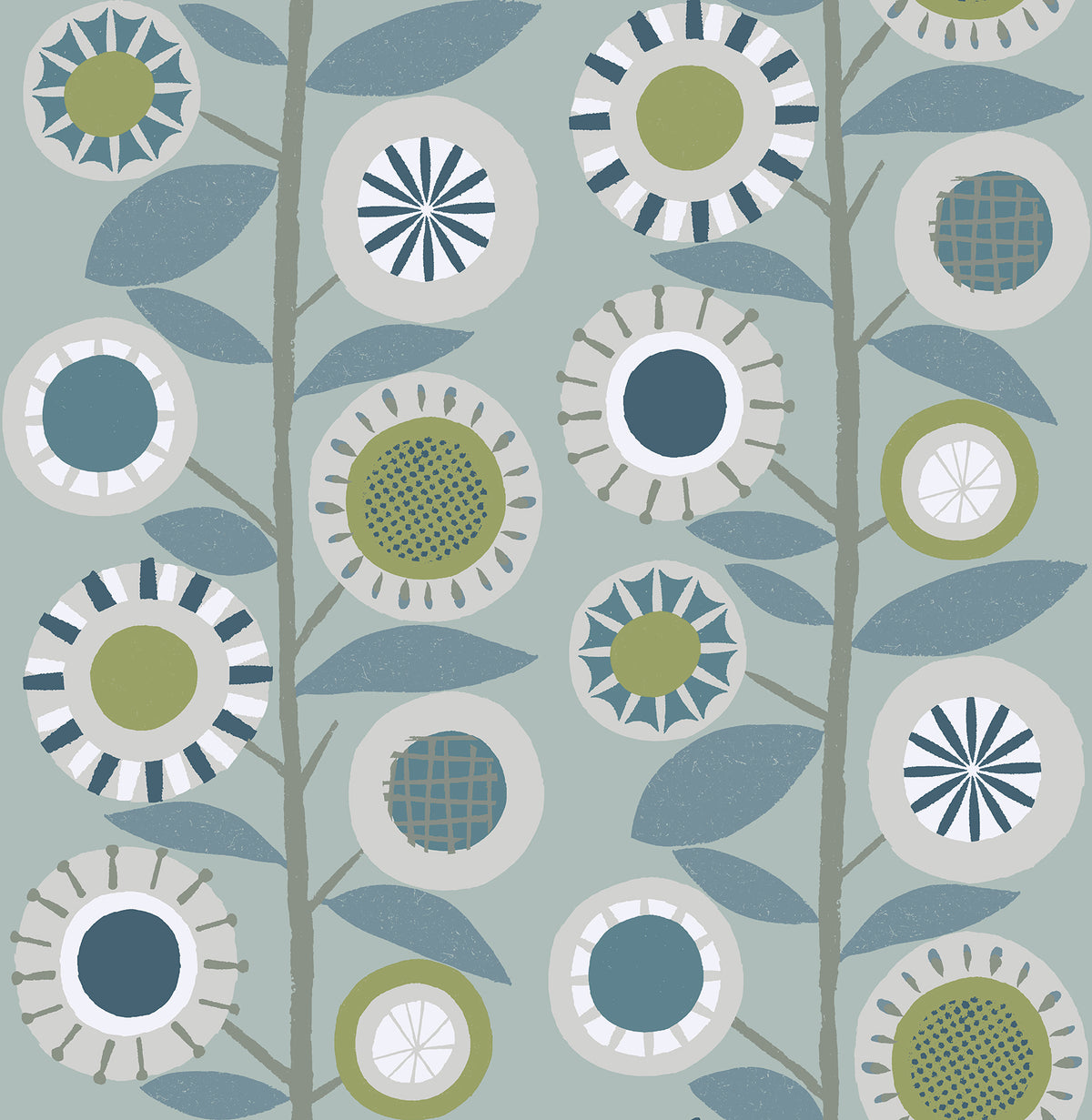 The Sisu Floral Geometric Wallpaper by York Wallcoverings features a repeating pattern of stylized flowers with circular centers and radiating petals in blue, green, and white hues, set against a muted blue background adorned with leafy stems.