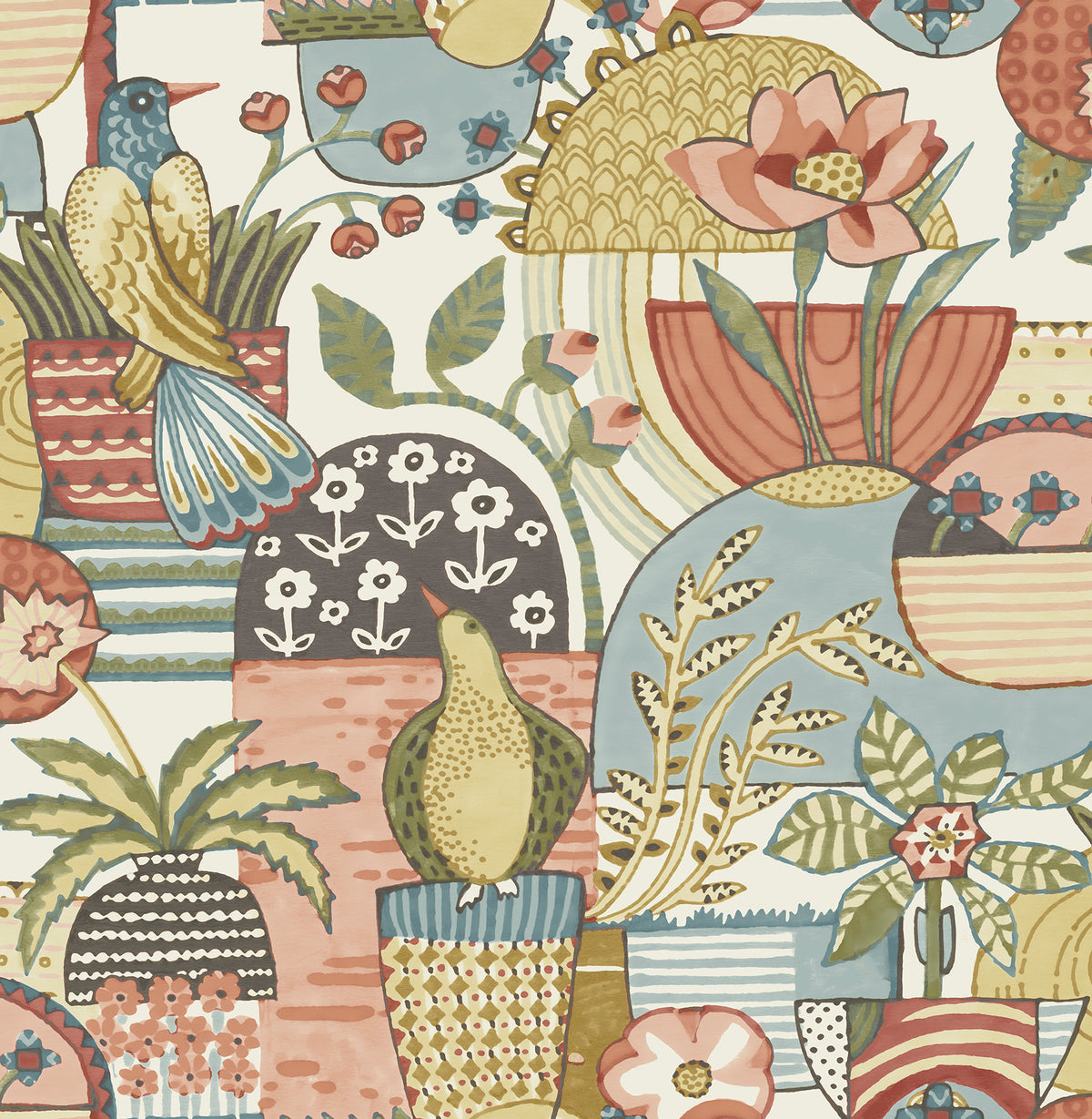 Fika Blissful Birds & Blooms Wallpaper by York Wallcoverings features a whimsical, overlapping design of birds, flowers, and patterned vases in muted blue, green, coral, yellow, and cream tones.