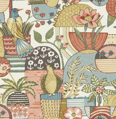 Fika Blissful Birds & Blooms Wallpaper by York Wallcoverings features a whimsical, overlapping design of birds, flowers, and patterned vases in muted blue, green, coral, yellow, and cream tones.