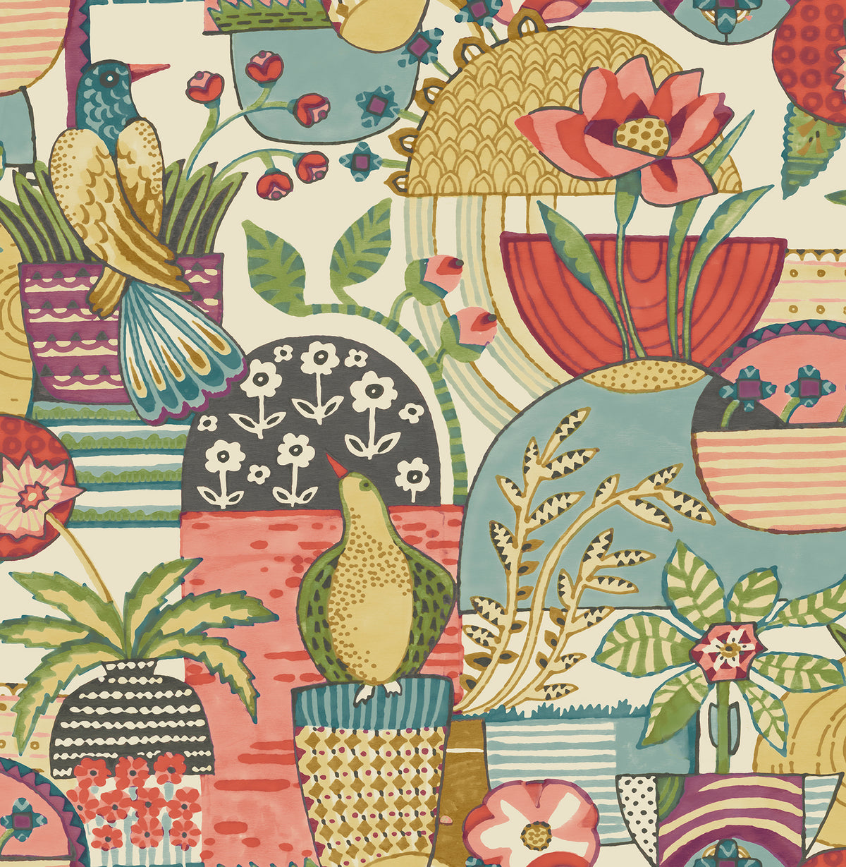 Fika Blissful Birds & Blooms Wallpaper by York Wallcoverings showcases a colorful, whimsical illustration of birds, flowers, and potted plants on a light background, featuring bold patterns and a playful, overlapping arrangement.