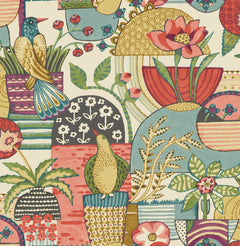 Bring a lively and whimsical botanical scene to your space with the Fika Blissful Birds & Blooms Wallpaper by York Wallcoverings, featuring colorful illustrations of birds, flowers, and leaves nestled in patterned pots of various shapes and designs.