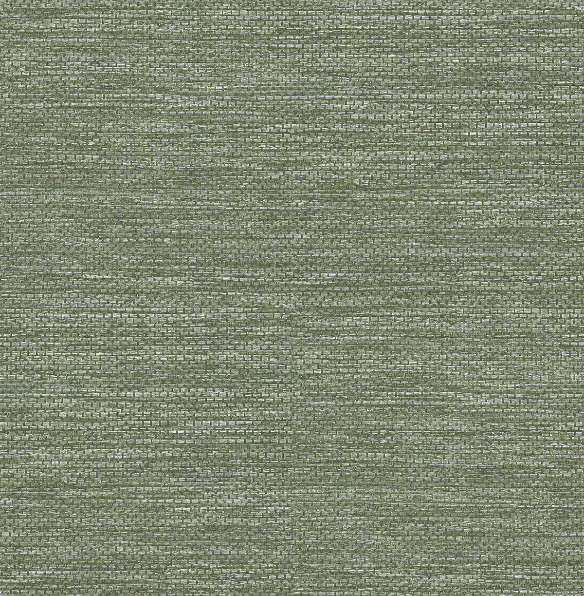 Close-up of Malin Faux Grasscloth Wallpaper by York Wallcoverings, highlighting the green woven texture with horizontal and vertical thread patterns and subtle variations in color and shading.