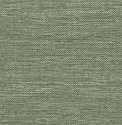 Close-up of Malin Faux Grasscloth Wallpaper by York Wallcoverings, highlighting the green woven texture with horizontal and vertical thread patterns and subtle variations in color and shading.