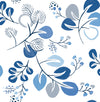 Adorn your space with the Jonah Leaf Trail Wallpaper by York Wallcoverings, featuring a seamless pattern of blue and gray hand-drawn leaves, branches, and berries on a white background. This botanical design showcases various leaf shapes and delicate lines for a sophisticated look.