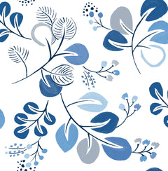 Adorn your space with the Jonah Leaf Trail Wallpaper by York Wallcoverings, featuring a seamless pattern of blue and gray hand-drawn leaves, branches, and berries on a white background. This botanical design showcases various leaf shapes and delicate lines for a sophisticated look.