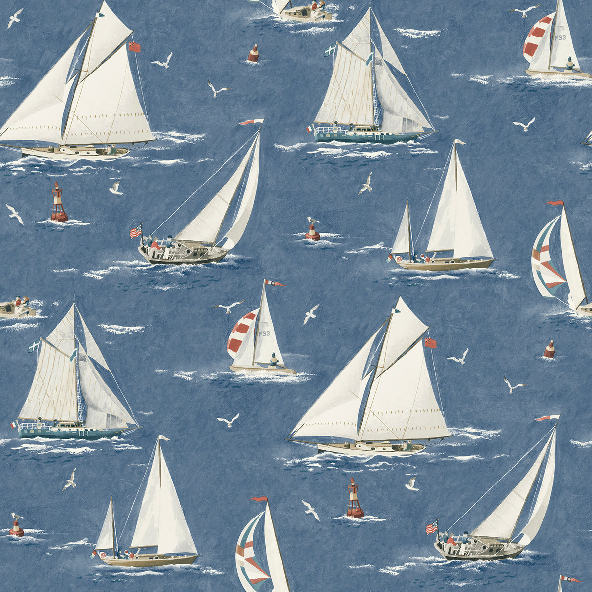 The Chesapeake Leeward Sailboat Wallpaper by York Wallcoverings features a repeating pattern of sailboats with white sails and red flags drifting on blue water, accompanied by seagulls and small lighthouses.