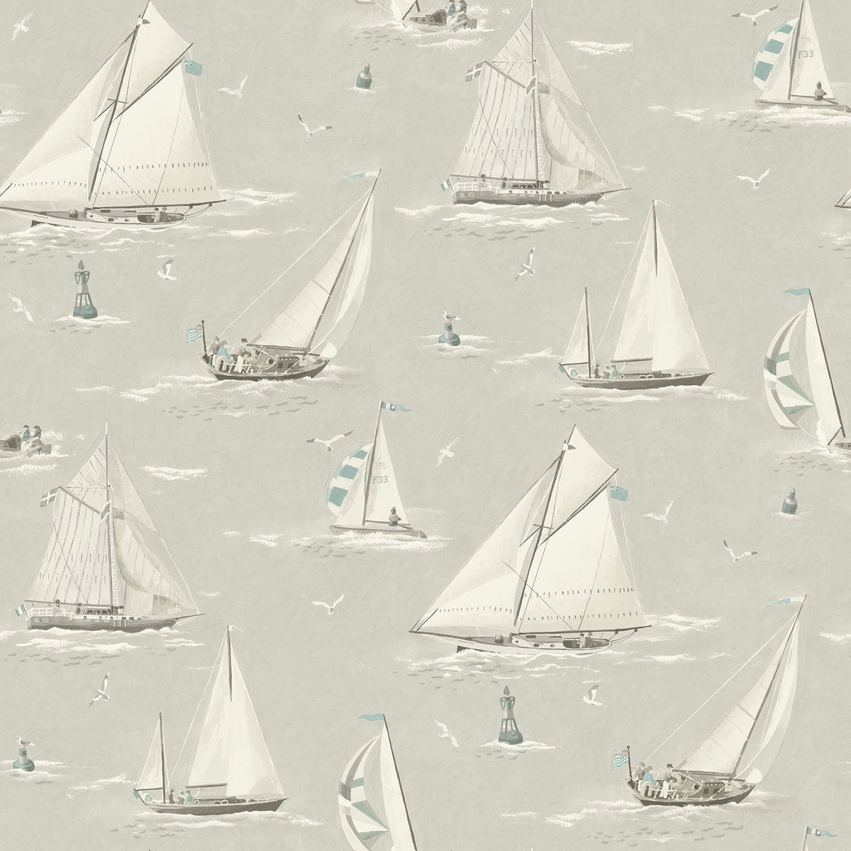 Featuring a patterned image of white sailboats and seagulls on a light gray background, the Chesapeake Leeward Sailboat Wallpaper by York Wallcoverings includes small blue and white flags on select boats, along with buoys and distant vessels for a nautical, seaside-inspired design.