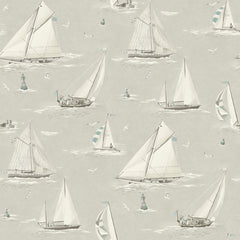 Featuring a patterned image of white sailboats and seagulls on a light gray background, the Chesapeake Leeward Sailboat Wallpaper by York Wallcoverings includes small blue and white flags on select boats, along with buoys and distant vessels for a nautical, seaside-inspired design.