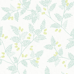 The Ardell Botanical Wallpaper by York Wallcoverings features a delicate, repeating pattern of light green leafy branches with small yellow clusters scattered across a crisp white background.