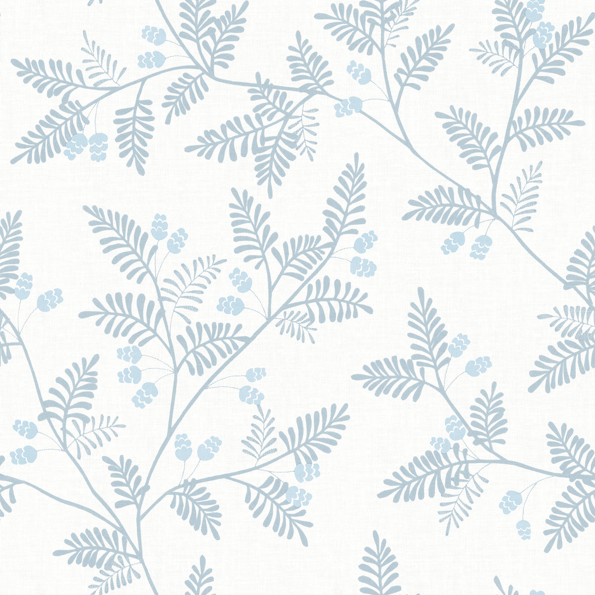 The Ardell Botanical Wallpaper by York Wallcoverings features a light blue botanical pattern with delicate fern-like leaves and small clusters of berries on a white background, creating a soft, elegant, and airy design.