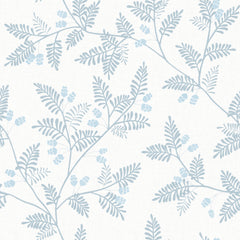The Ardell Botanical Wallpaper by York Wallcoverings features a light blue botanical pattern with fern-like leaves and small clusters of berries on a white background, creating a soft, delicate, and repeating design.