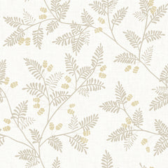 Ardell Botanical Wallpaper by York Wallcoverings features a cream-colored design with taupe branches, fern-like leaves, and clusters of small light yellow berries on a pale background.
