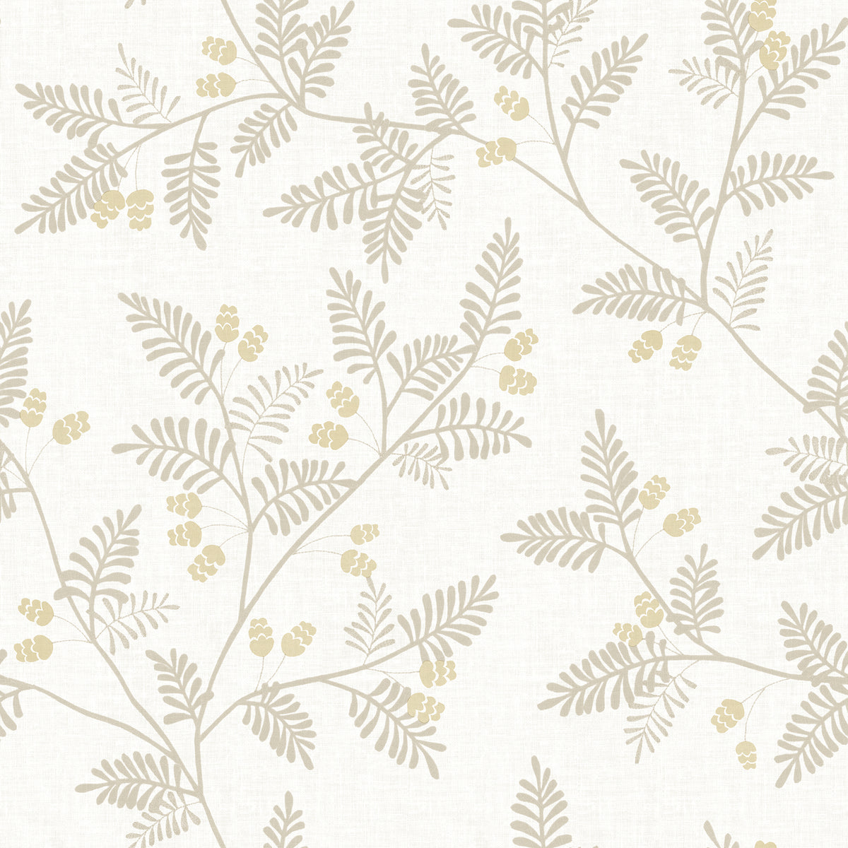 The Ardell Botanical Wallpaper by York Wallcoverings features beige branches adorned with small leaves and clusters of yellow berries, all arranged in a repeating pattern on a light, textured background.