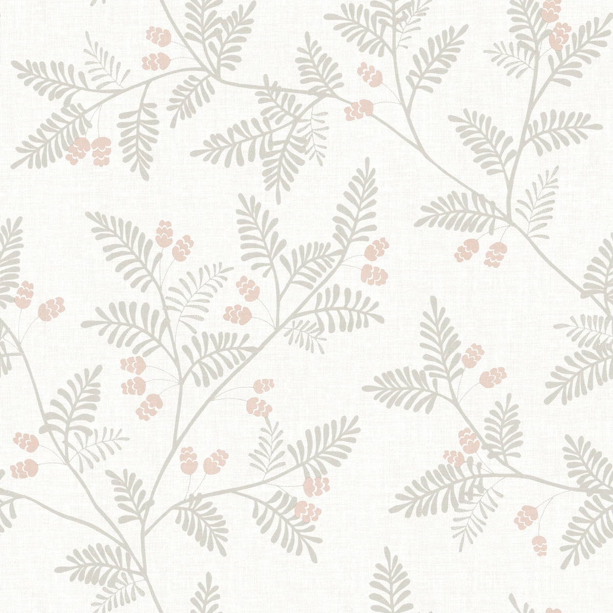 Introducing the Ardell Botanical Wallpaper by York Wallcoverings: featuring a beige background adorned with a repeating pattern of delicate, light gray fern-like leaves and clusters of small, pale pink berries. This subtle and airy design creates a soft, botanical aesthetic perfect for any space.