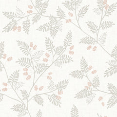 Introducing the Ardell Botanical Wallpaper by York Wallcoverings: featuring a beige background adorned with a repeating pattern of delicate, light gray fern-like leaves and clusters of small, pale pink berries. This subtle and airy design creates a soft, botanical aesthetic perfect for any space.