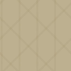 The Walcott Stitched Trellis Wallpaper by York Wallcoverings features a beige background adorned with a refined diamond pattern, created from thin, intersecting light brown lines for a subtle and elegant geometric grid effect.