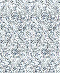 Introducing the Fernback Ornate Botanical Wallpaper by York Wallcoverings, featuring a blue and white floral geometric pattern with repeating stylized flowers and leaves, arranged in a symmetrical, vertically aligned design on a light background.