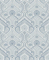 Featuring a blue and white floral damask pattern, the York Wallcoverings Fernback Ornate Botanical Wallpaper showcases symmetrical, intricate designs of flowers, leaves, and vines repeated throughout, creating a decorative vintage-style wallpaper effect.