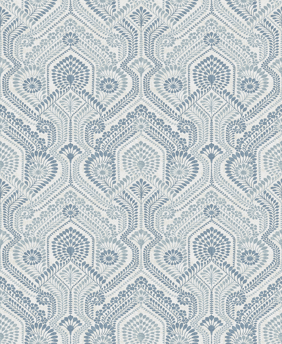 Featuring a blue and white floral damask pattern, the York Wallcoverings Fernback Ornate Botanical Wallpaper showcases symmetrical, intricate designs of flowers, leaves, and vines repeated throughout, creating a decorative vintage-style wallpaper effect.