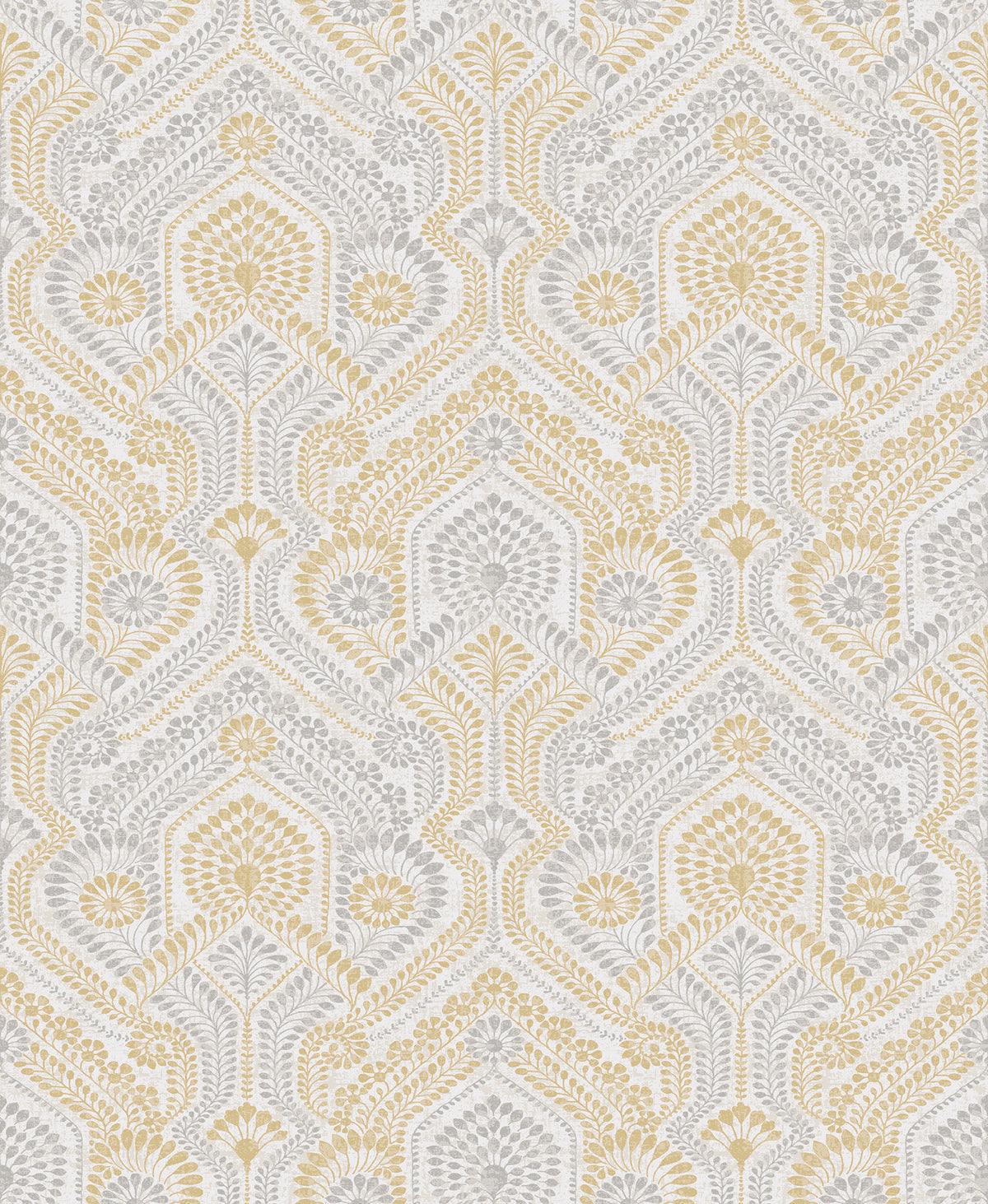 Introducing the Fernback Ornate Botanical Wallpaper by York Wallcoverings—a seamless pattern featuring gold and gray symmetrical floral and leaf motifs, with stylized flowers, leaves, and geometric shapes on a crisp white background. The repeating design delivers an elegant, vintage-inspired look to any space.