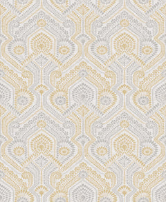 Introducing the Fernback Ornate Botanical Wallpaper by York Wallcoverings—a seamless pattern featuring gold and gray symmetrical floral and leaf motifs, with stylized flowers, leaves, and geometric shapes on a crisp white background. The repeating design delivers an elegant, vintage-inspired look to any space.