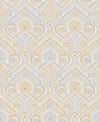 Fernback Ornate Botanical Wallpaper by York Wallcoverings features a repeating ornate pattern of geometric shapes, floral motifs, and fans in gold and light gray on a white background, creating an elegant, symmetrical Art Deco–inspired design.