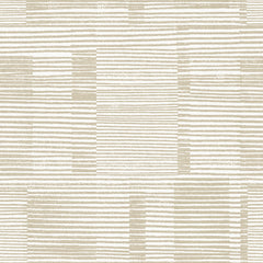 Callaway Woven Stripes Wallpaper by York Wallcoverings features a beige and white abstract pattern composed of horizontal and vertical lines, creating irregular rectangles and squares in a repetitive, grid-like design.