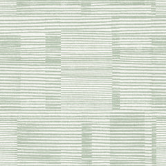 Callaway Woven Stripes Wallpaper by York Wallcoverings features an abstract pattern of uneven horizontal green lines on a white background, creating a textured, grid-like design with varying thickness and spacing.