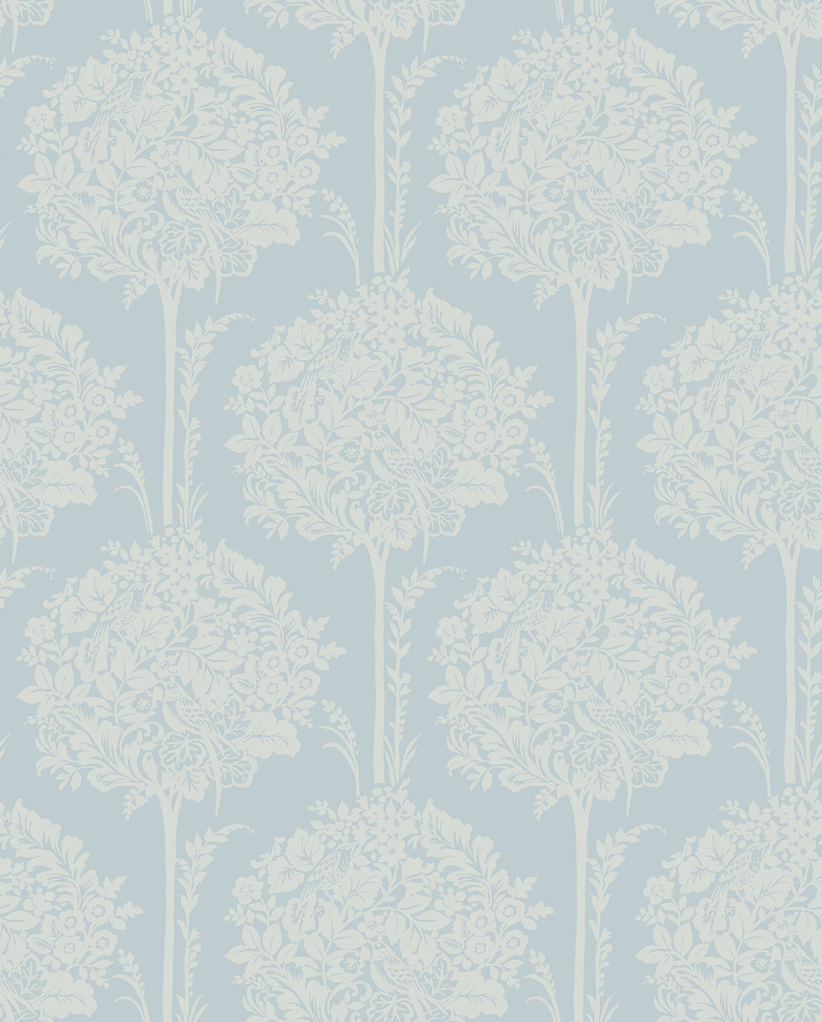The Zaria Topiary Wallpaper by York Wallcoverings features a light blue background adorned with a repeating pattern of white, ornate, symmetrical floral bouquets and leafy branches, creating a classic and elegant vintage design.