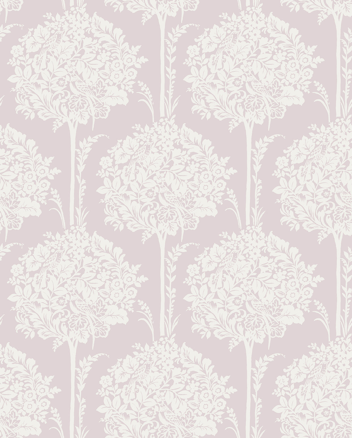 The Zaria Topiary Wallpaper by York Wallcoverings features a seamless pattern of cream floral bouquets with leaves and stems on a pale mauve background, evoking a vintage or classic wallpaper design.