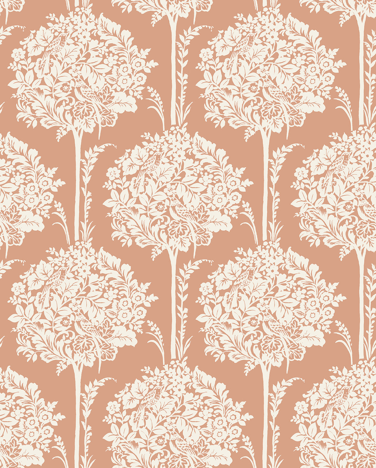 Introducing the Zaria Topiary Wallpaper by York Wallcoverings—a seamless pattern showcasing white floral bouquets arranged in vertical rows atop a muted terracotta background. This intricate design features leaves, flowers, and stems, offering a classic vintage aesthetic for any space.