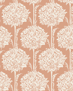 Introducing the Zaria Topiary Wallpaper by York Wallcoverings—a seamless pattern showcasing white floral bouquets arranged in vertical rows atop a muted terracotta background. This intricate design features leaves, flowers, and stems, offering a classic vintage aesthetic for any space.