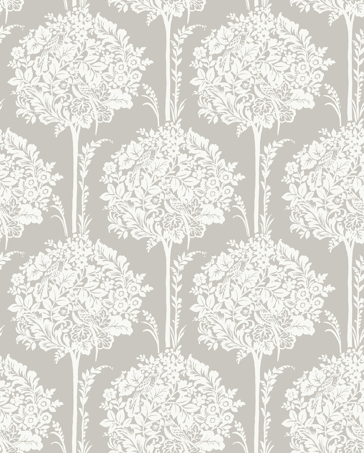 The Zaria Topiary Wallpaper by York Wallcoverings features a repeating pattern of white floral bouquets with leaves and stems on a light grey background, creating a vintage-inspired design.