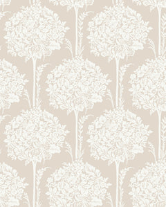 Discover the Zaria Topiary Wallpaper by York Wallcoverings, featuring a cream floral pattern with white botanical designs arranged symmetrically across a beige background. This elegant, vintage-inspired wallpaper beautifully repeats motifs of flowers and leaves for a timeless decorative style.