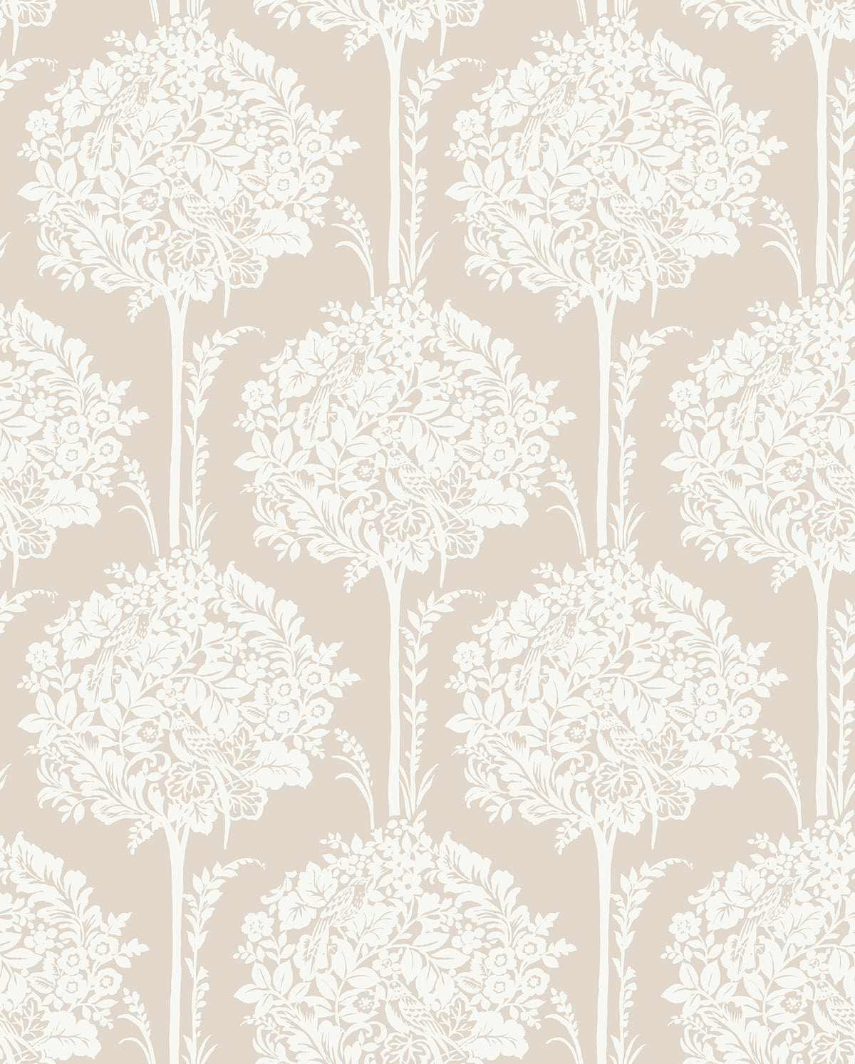 Zaria Topiary Wallpaper by York Wallcoverings features a beige background with a repeating white floral pattern showcasing large bouquets of flowers and leaves arranged in symmetrical vertical rows, creating an intricate and elegant design.