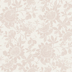 Helen Floral Trail Wallpaper by York Wallcoverings features an intricate and delicate pale beige floral pattern with sunflowers, leaves, and berries on a cream background, reminiscent of vintage wallpaper for a soft, elegant look.