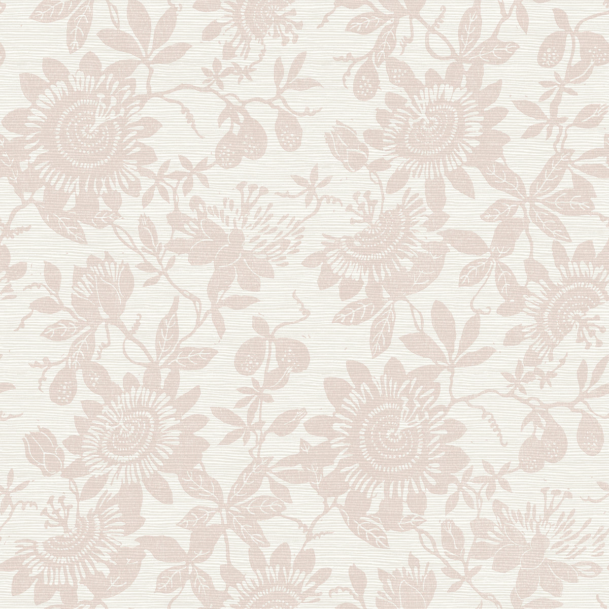 Introducing the Helen Floral Trail Wallpaper by York Wallcoverings, featuring an intricate and delicate beige floral pattern of sunflowers, leaves, and berries set against a textured off-white background for a soft and elegant look.