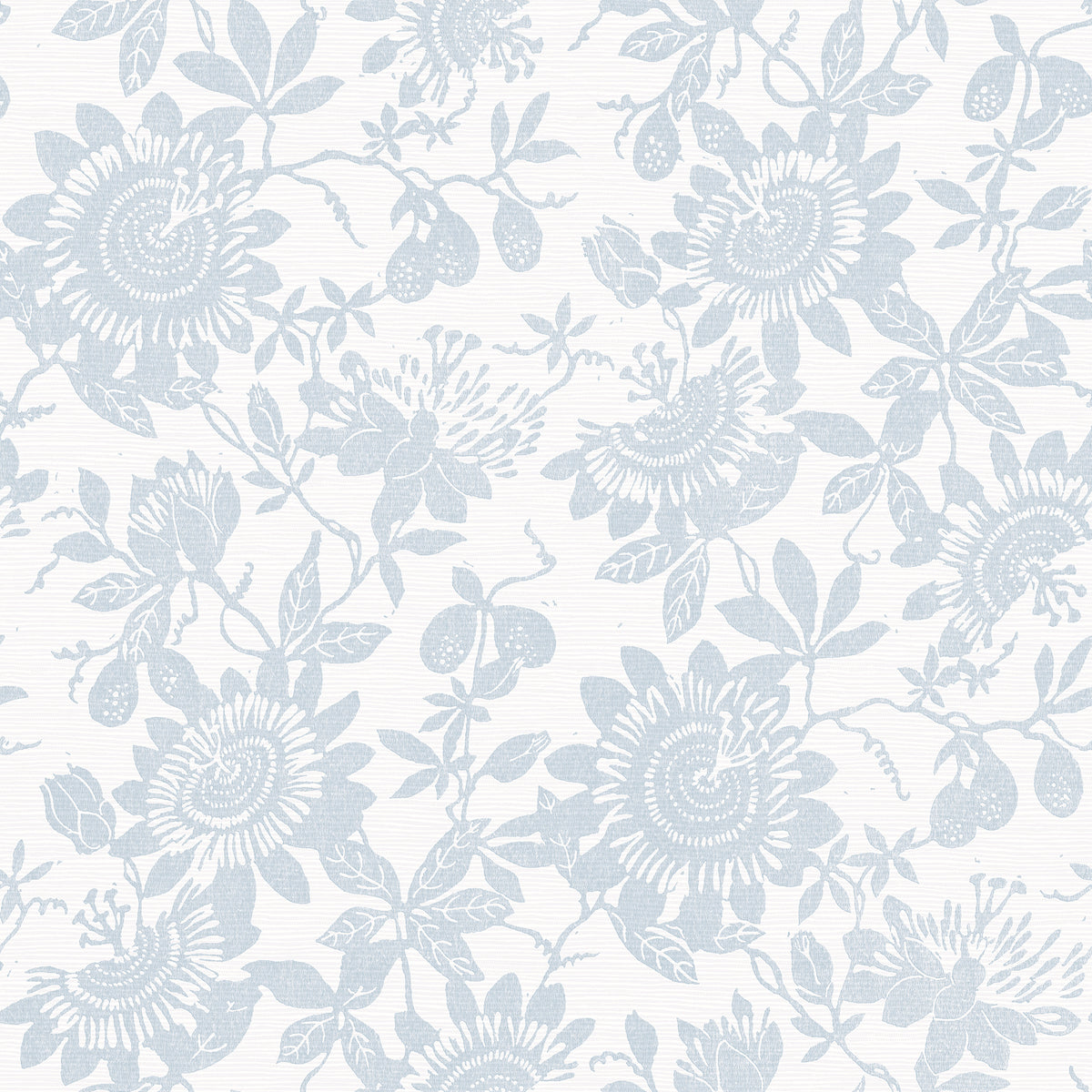 Helen Floral Trail Wallpaper by York Wallcoverings features a pale blue floral pattern of passionflowers, leaves, and small fruits on a white background, creating a delicate and vintage-inspired wallpaper design.