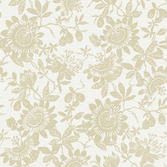 Introducing the Helen Floral Trail Wallpaper by York Wallcoverings: an elegant, vintage-inspired design showcasing detailed passionflowers, leaves, and fruit in a beige floral pattern on a textured off-white background.