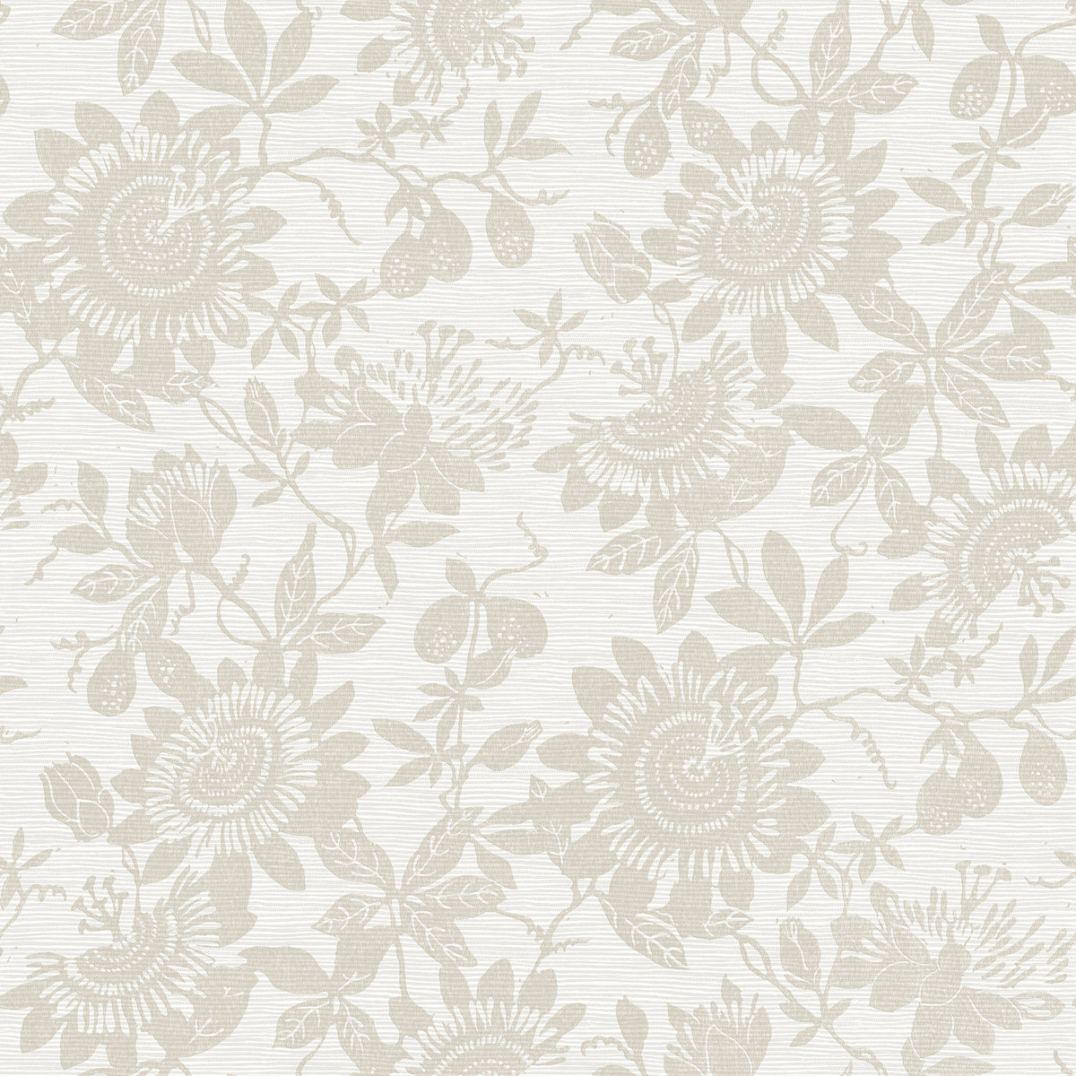 Introducing the Helen Floral Trail Wallpaper by York Wallcoverings, featuring an intricate and symmetrical beige floral pattern of detailed flowers, leaves, and vines on a textured off-white background for a classic and elegant look.