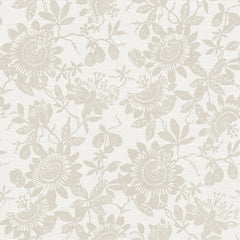 Transform your space with the York Wallcoverings Helen Floral Trail Wallpaper, featuring a beige floral pattern of large stylized flowers, leaves, and small fruits set against a textured light background. This intricate and evenly distributed design creates a subtle, elegant wallpaper effect.