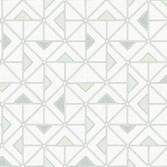 The Jekyl Triangles Wallpaper by York Wallcoverings features a modern, symmetrical design with interlocking triangles and lines in light gray and subtle pastel shades on a white background.