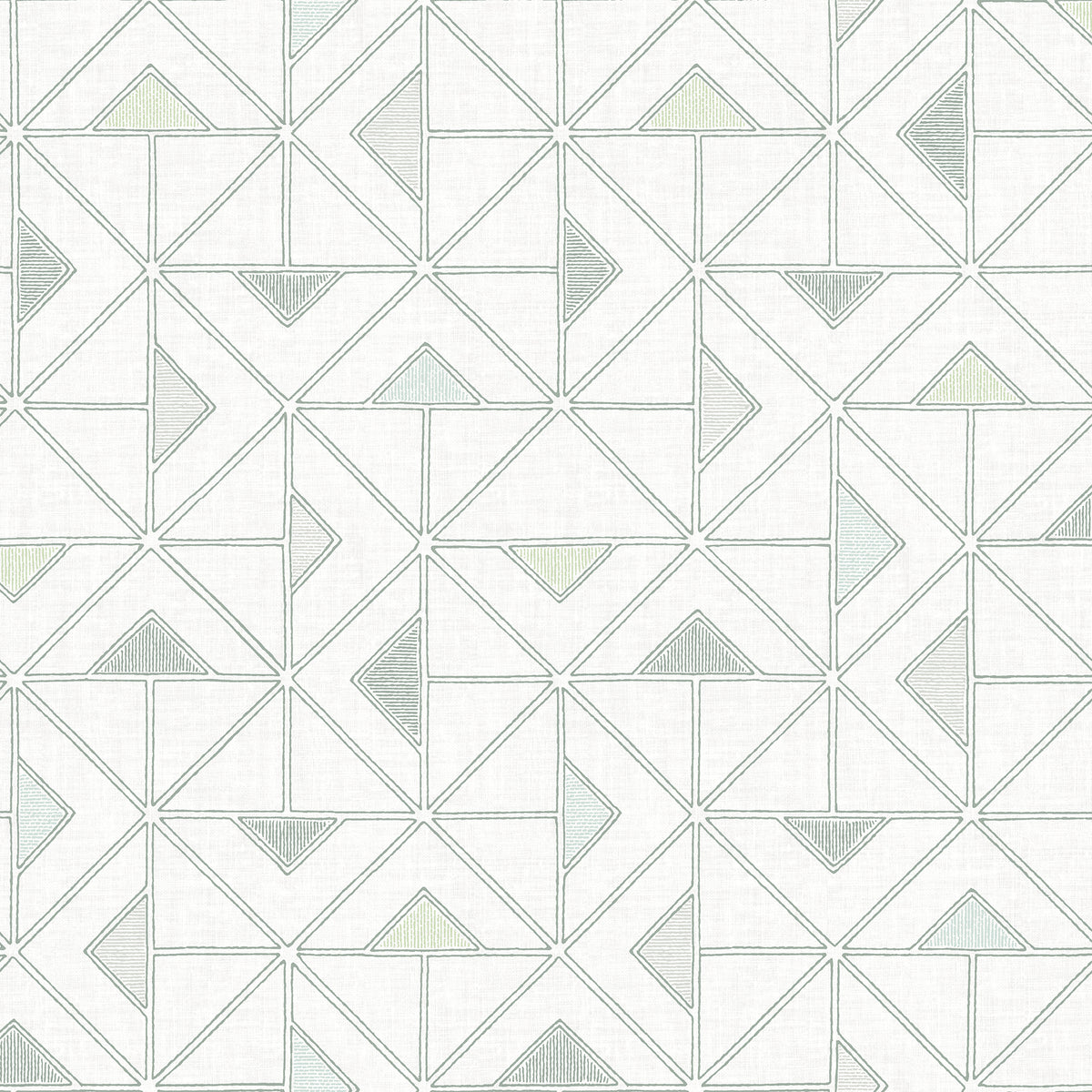 The Jekyl Triangles Wallpaper by York Wallcoverings features a modern, symmetrical, and minimalistic design with overlapping triangles and diamond shapes in light gray and pale green on a white background.