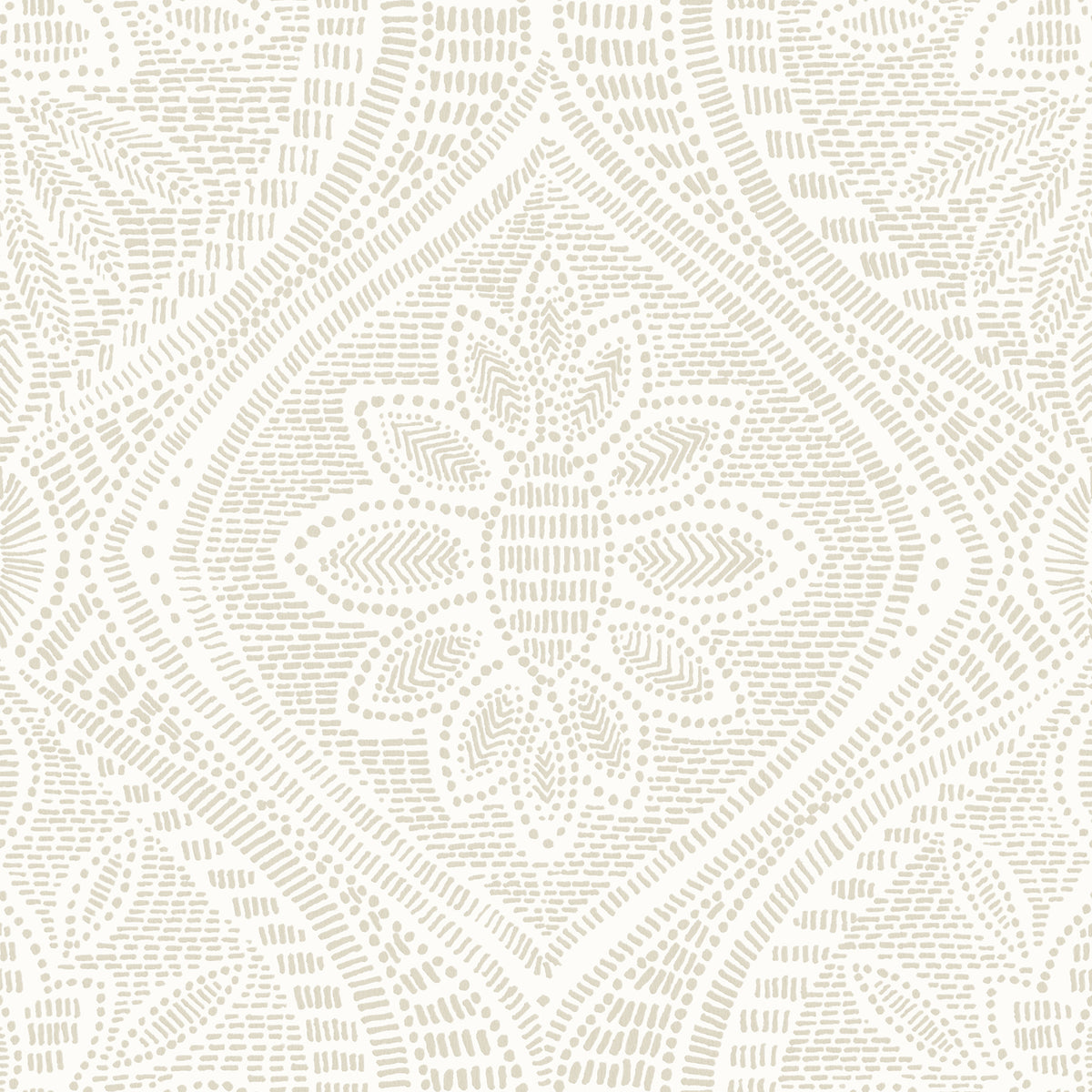 The Scout Floral Ogee Wallpaper by York Wallcoverings features a beige and white textured pattern with symmetrical floral and leaf designs, created from small dotted and dashed lines for a decorative, ornamental effect.