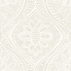 The York Wallcoverings Scout Floral Ogee Wallpaper features a beige and white abstract floral pattern with a central flower motif, accented by dotted and curved lines for a textured, symmetrical, and decorative design.