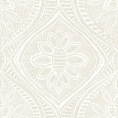 The York Wallcoverings Scout Floral Ogee Wallpaper features a beige and white abstract floral pattern with a central flower motif, accented by dotted and curved lines for a textured, symmetrical, and decorative design.