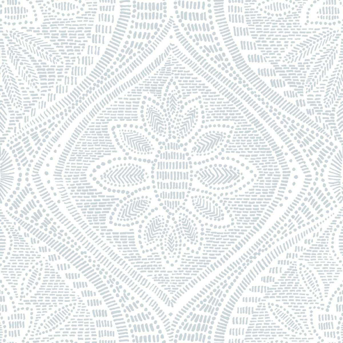 The Scout Floral Ogee Wallpaper by York Wallcoverings features a light gray and white floral geometric pattern, highlighted by a central flower motif framed with dotted and curved lines for a textured, symmetrical design.
