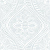 The Scout Floral Ogee Wallpaper by York Wallcoverings features a gray and white geometric floral pattern with a central flower motif, surrounded by intricate lines and dots for a textured, symmetrical design.